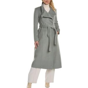 Kenneth Cole Women Sage Green Wool Blend Belted Wrap Coat‎ Wing Collar Longline